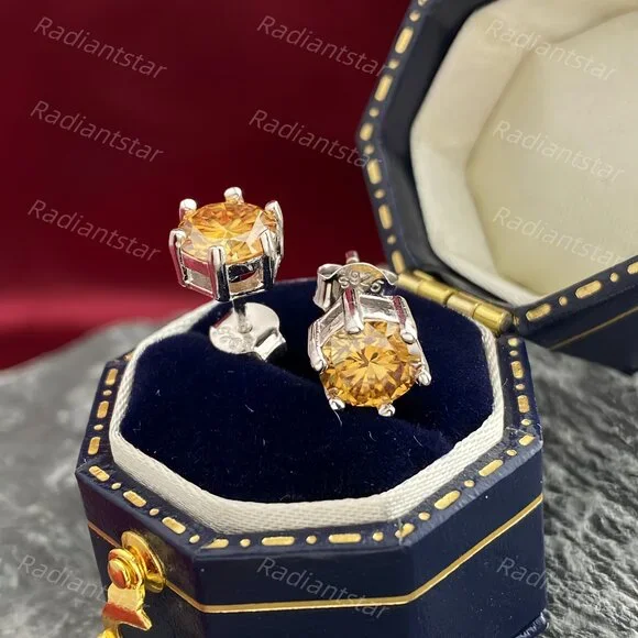 NEW Certified 2ct. t.w. Champagne Moissanite 6 Prone Solitaire Stud Earrings